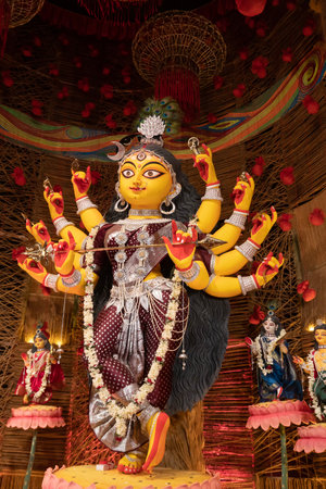 Howrah, West Bengal, India- 3rd October, 2022 : Beautifully decorated Durga idol is being worshipped inside puja pandal. Durga Puja is biggest festival of Hinduism, celebrated all over the world.のeditorial素材