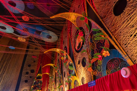 Howrah, West Bengal, India- 3rd October, 2022 : Beautiful illumination and decoration inside Durga puja pandal, Durga Puja is biggest festival of Hinduism,celebrated all over the world.のeditorial素材