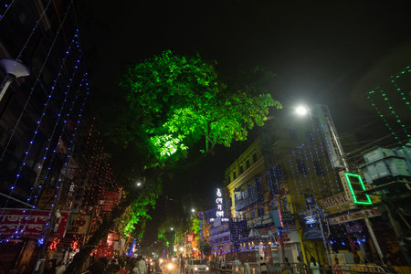 Kolkata, West Bengal, India- 4h October, 2022 : Decorated and illuminated street during Durga puja festival night. Durga puja is biggest festival of Hindusim.のeditorial素材