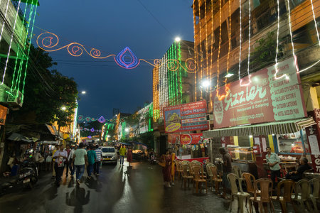 Kolkata, West Bengal, India- 4h October, 2022 : Decorated and illuminated street during Durga puja festival night. Durga puja is biggest festival of Hindusim.のeditorial素材