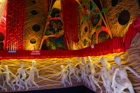 Howrah, West Bengal, India- 3rd October, 2022 : Beautiful illumination and decoration inside Durga puja pandal, Durga Puja is biggest festival of Hinduism,celebrated all over the world. Abstract art.のeditorial素材