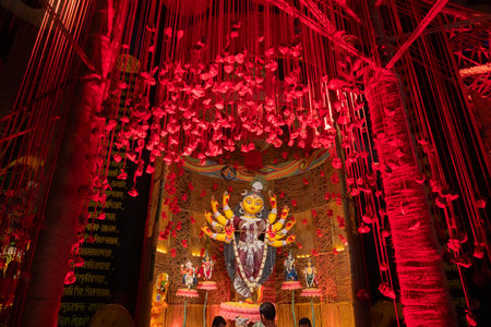 Howrah, West Bengal, India- 3rd October, 2022 : Beautifully decorated Durga idol is being worshipped...