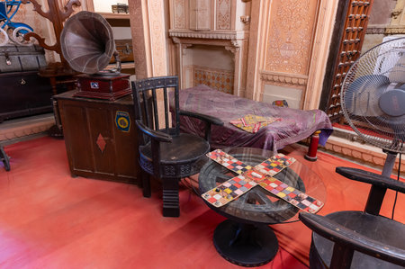 Jaisalmer, Rajasthan, India - 16th October 2019 : Pachisi, or Pasha, a cross and circle board game of Ancient India. Preserved inside in-house museum of Patwon ki haveli by Archaeological Survey in India.のeditorial素材