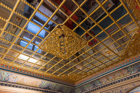 Jaisalmer, Rajasthan, India-16 th October 2019 : Decorated interior design of false ceiling on ancient room of Rajasthan, house museum of Patwon ki haveli, maintained by archeological survey of India.のeditorial素材
