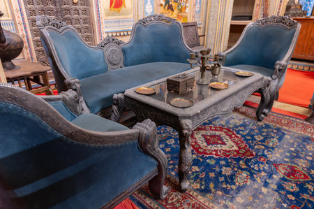 Jaisalmer,Rajasthan,India-16 th October 2019 : Decorated ancient sofa for meeting, interior design...