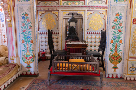 Jaisalmer, Rajasthan, India - 16 th October 2019 : Ancient room for chess playing with beautifully designed and painted walls , antique chairs for relaxation . Preserved at Museum at Patwon ki Haveli,のeditorial素材