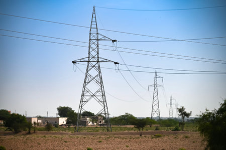High voltage electricity transmission lines at Thar desert, Rajasthan, India.