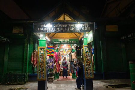 Darjeeling, West Bengal, India - 10.08.2023 : Night time view of Darjeeling Mall. Famous shop of...