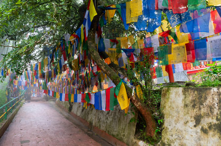 Darjeeling,West Bengal,India-11.08.2023: Flags on stair cases in forest,way to Mahakal Temple or...