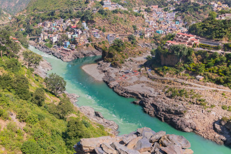 Bhagirathi river from left side and Alakananda river with turquoise blue colour from right side...