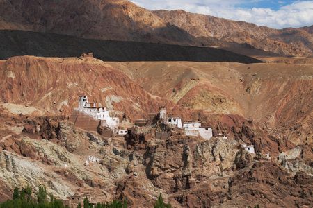 Basgo or Bazgoo, a village situated on the bank of the Indus river in Leh district, Ladakh, India. Ancient cultural and political centre, Basgo Monastery and historical ruins with Himalayan mountains.の写真素材