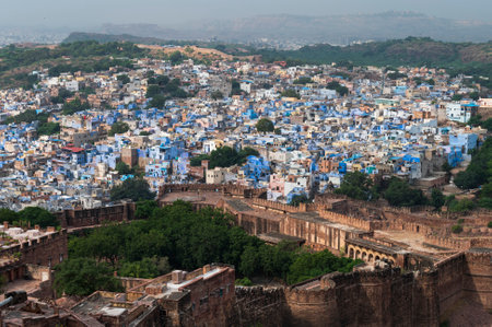 Beautiful top view of Jodhpur city from Mehrangarh fort, Rajasthan, India. Jodhpur is called Blue city since Hindu Brahmis there worship Lord Shiva, whose colour is blue, they painted houses in blue.の写真素材
