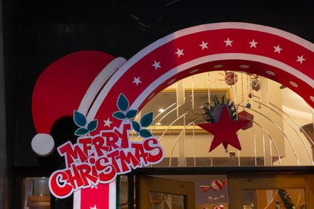 Kolkata, West Bengal, India - 26.12.2018 : Merry Christmas wish for Kolkata and citizens. Decorated lights and Christmas celebration at illuminated Park street with joy and year end festive mood.のeditorial素材