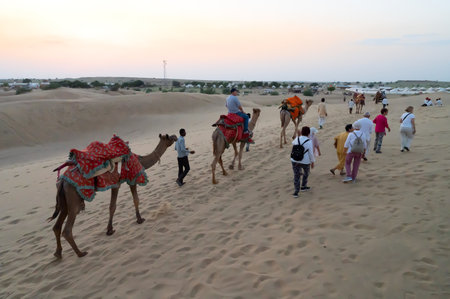 Thar desert, Rajassthan, India - October 15th 2019 : Tourists riding camels at sand dunes of Thar desert. Camel riding is a favourite activity amongst all tourists visiting here,のeditorial素材