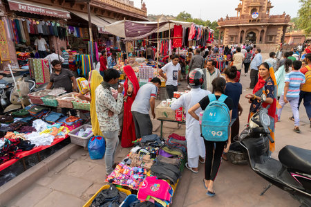 Jodhpur, Rajasthan, India - 20.10.2019 : Rajasthani buyers and sellers at famous Sardar Market and Ghanta ghar Clock tower in Jodhpur, Rajasthan, India.のeditorial素材