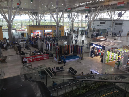 Raipur, Chattisgarh, India - 9th August 2019 : Airport lounge at Swami Vivekananda Airport. Beautiful interior Indian architecture.のeditorial素材