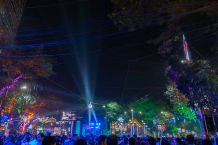 Kolkata, West Bengal, India - 25.12.2018 : Decorated lights and Christmas celebration at illuminated Park street and Camac Street junction . Citizens enjoying with joy and year end festive mood.のeditorial素材