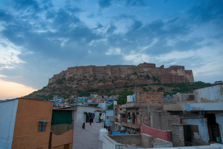 View of Mehrangarh fort with blue sky with clouds in the background, Jodhpur, Rajasthan, India.の写真素材