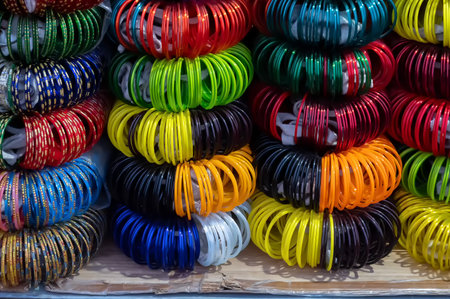 Colorful Rajasthani bangles being sold at famous Sardar Market and Ghanta ghar Clock tower in...