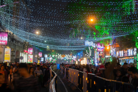 Kolkata, West Bengal, India - 26.12.2018 : Decorated lights and Christmas celebration at illuminated Park street with joy and year end festive mood.のeditorial素材