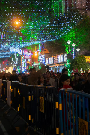 Kolkata, West Bengal, India - 26.12.2018 : Decorated lights and Christmas celebration at illuminated Park street with joy and year end festive mood.のeditorial素材