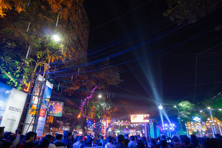Kolkata, West Bengal, India - 25.12.2018 : Decorated lights and Christmas celebration at illuminated Park street and Camac Street junction . Citizens enjoying with joy and year end festive mood.のeditorial素材