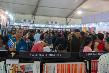Kolkata, West Bengal, India - 2nd February 2020 : Book lovers of all age male and female are searching for their favourite books at Kolkata Bookfair. Biggest book fair in the world.のeditorial素材
