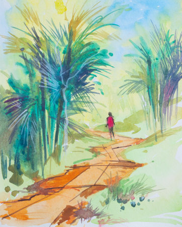 Beautiful scenery of a rural path inside a forest. Bright daytime watercolor painting of a girl walking through trees. Hand painted watercolor art created with watercolor paint and brushes.の写真素材