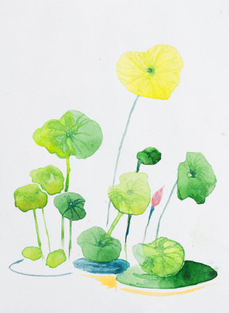 Hand painted watercolour painting of leaves of Nelumbo nucifera, sacred lotus, Indian lotus,lotus, aquatic plant. Often called a water lily, Hand painted watercolor art created with paint and brushes.の写真素材