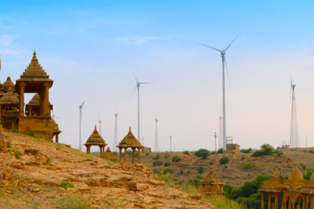 Blurred image of Bada Bagh or Barabagh, means Big Garden, is a garden complex in Jaisalmer, Rajasthan, India, for royal cenotaphs, or chhatris, of Maharajas.の写真素材