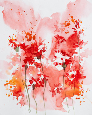 Beautiful abstract bright watercolor floral painting with yellow background and copyspace. Hand painted watercolor art created with watercolor paint and brushes. Usage like invitation cards.の写真素材