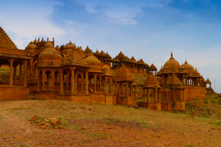 Blurred image of Bada Bagh or Barabagh, means Big Garden, is a garden complex in Jaisalmer, Rajasthan, India, for Royal cenotaphs, or chhatris, of Maharajas means Kings of Jaisalmer state.の写真素材