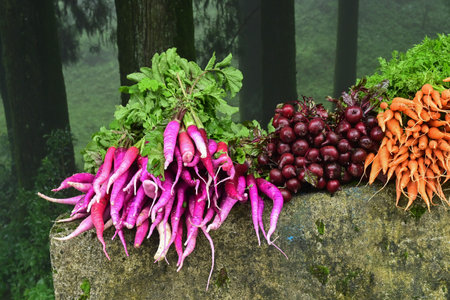 Beets and carrots , vegetables are being sold at roadside market, Darjeeling, West Bengal, India.