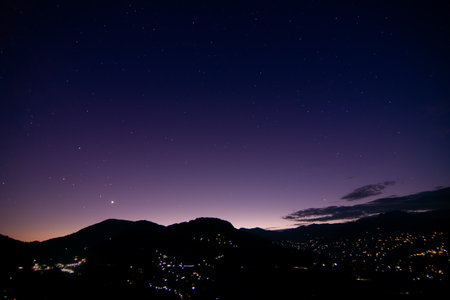 Sky full of stars of our galaxy at dusk at Rinchenpong, sikkim, India. With Rinchenpong city at the foreground, the evening dusk sky is lit with remaining light coming from behind Himalayan Mountainsの写真素材