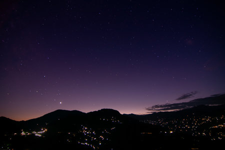 Sky at dusk at Rinchenpong, sikkim , India. With Rinchenpong city at the foreground, the evening dusk sky is lit with remaining light coming from behind Himalayan Mountains, India.の写真素材