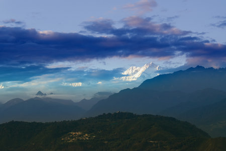 Beautiful last light from setting sun on Mount Kanchenjugha, Himalayan mountain range, Sikkim,...