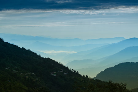 Scenic beauty of layers of mountains, Okhrey, sikkim, India. Okhrey village of one of the remotest...