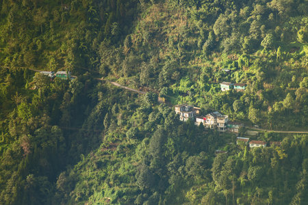 Beautiful Sun rays falling on Himalayan mountain range, play of light, scenic beauty of Okhrey, sikkim, India. Okhrey village a remote place in Sikkim where mountain range view is enjoyed by tourists.の写真素材