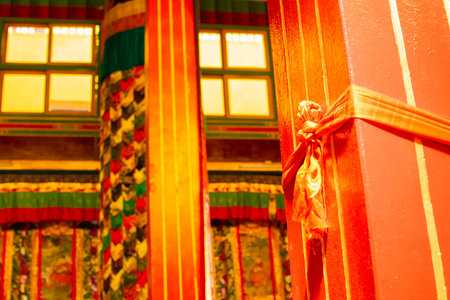 Colourful interior decoration of Buddhist monastery in Ralong, Ralong Monastery, Sikkim, India. Image shot with permission.の写真素材