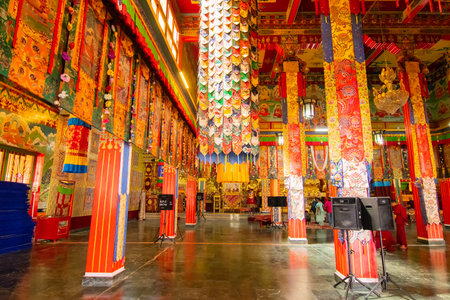 Colourful interior decoration of Buddhist monastery in Ralong, Ralong Monastery, Sikkim, India. Image shot with permission.の写真素材