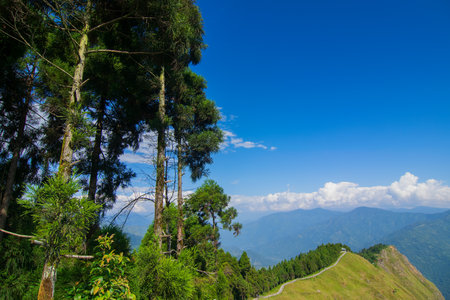 View of Tarey Bhir point, popular tourist spot, Sikkim, India.The word 'Bhir' means cliff in the local Nepal language,about 10,000 feet long path, a breathtaking view at the edge, Himalayan mountains.の写真素材