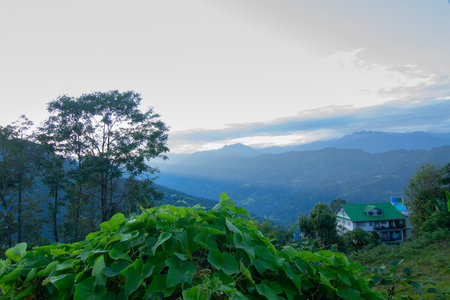 View of Kanchenjunga National park, Himalayan mountain range from Rinchenpong, Sikkim, India.の写真素材