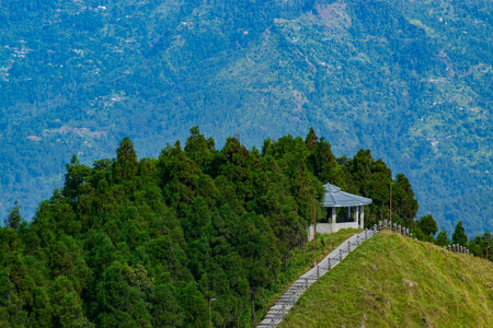 View of Tarey Bhir point, popular tourist spot, Sikkim, India.The word 'Bhir' means cliff in the local Nepal language,about 10,000 feet long path, a breathtaking view at the edge, Himalayan mountains.の写真素材