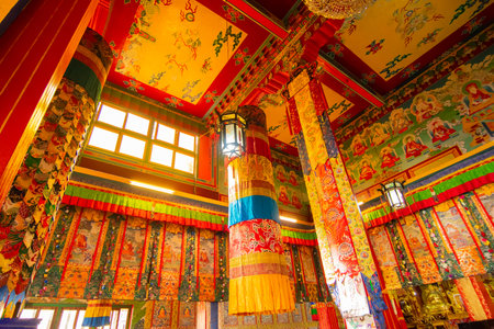 Ralong, Sikkim, India - 21.10.2016 : Buddhist thangka - a Tibetan Buddhist painting on cotton, or silk applique - in a monastery in Ralong, Ralong Palchen Choling. Image shot with permission.のeditorial素材