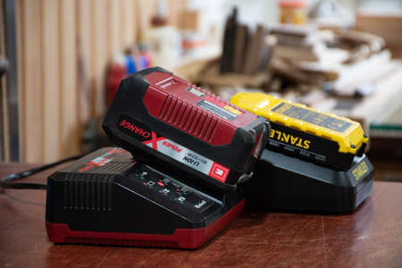 Lithium-ion batteries on charge for hand toolsのeditorial素材