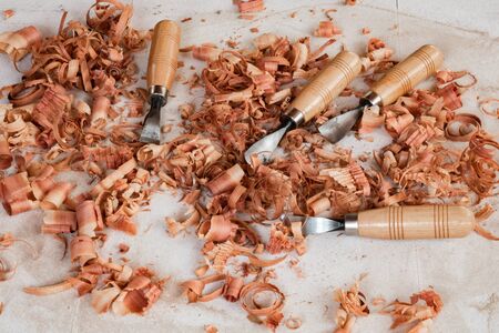 a set of carving tools with wooden handleの写真素材