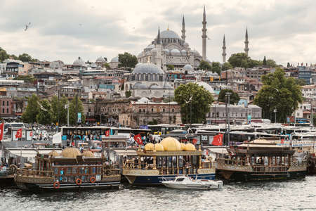 Istanbul/Turkey - July, 2020: Historical eminÃ¶nÃ¼ district market and its fishermen, one of the symbols of Istanbul City with Suleymaniye Mosque behind.のeditorial素材