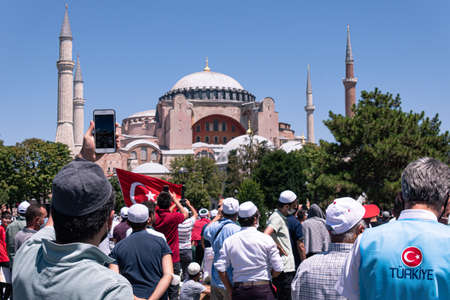 Istanbul/Turkey - July 24, 2020: Opening of the Hagia Sophia church / museum as a mosque and the first 'Friday' pray. Enthusiastic crowd after Friday prayerのeditorial素材