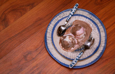 Two ice cream and two spoons served on an elegant plate, bird eye view.の写真素材
