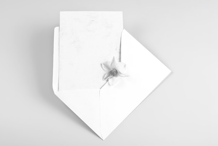 Blank greeting card in envelope with narcissusの写真素材
